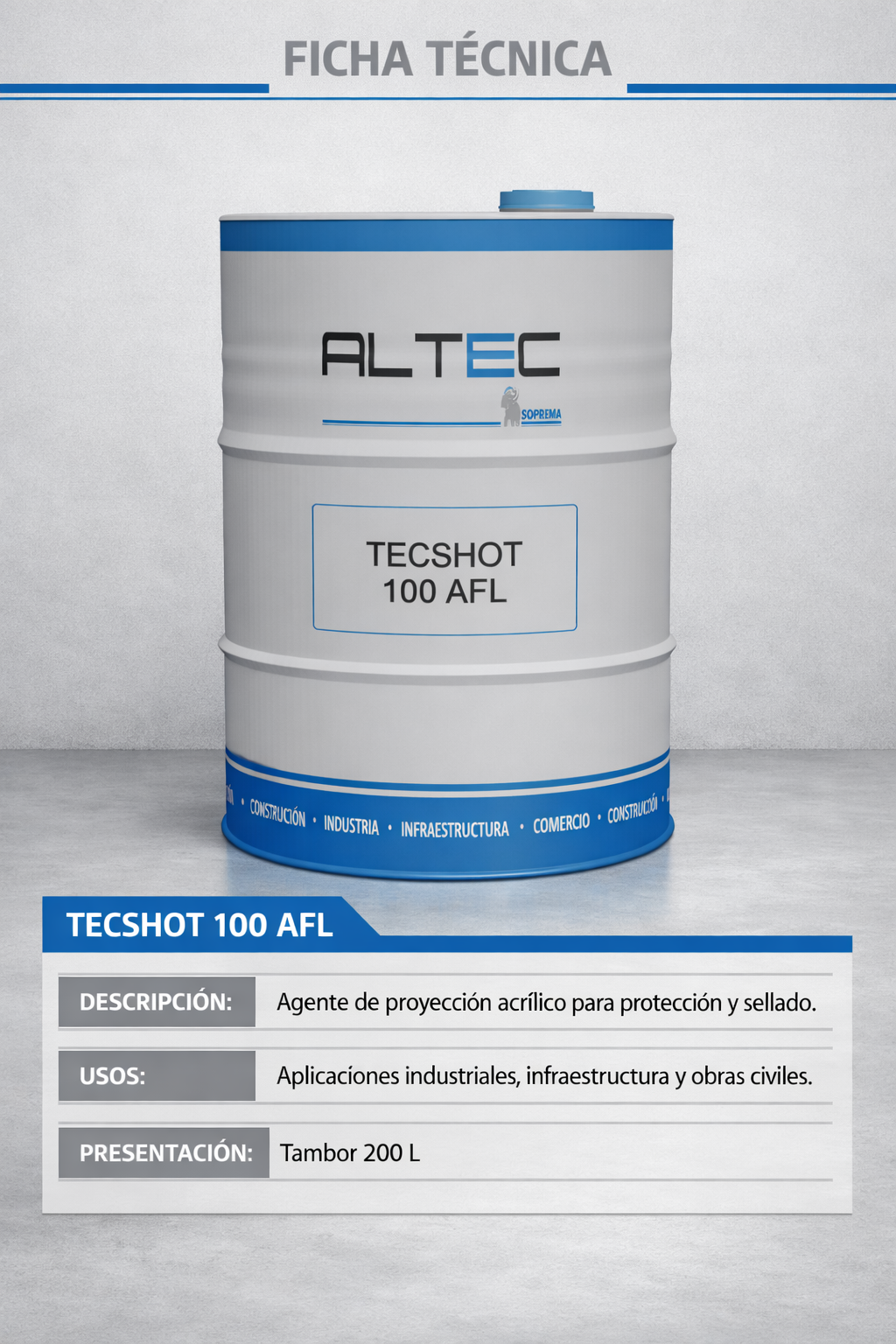 TECSHOT 100 AFL, TAMBOR 250 KG  / acelerante para hormigones proyectados